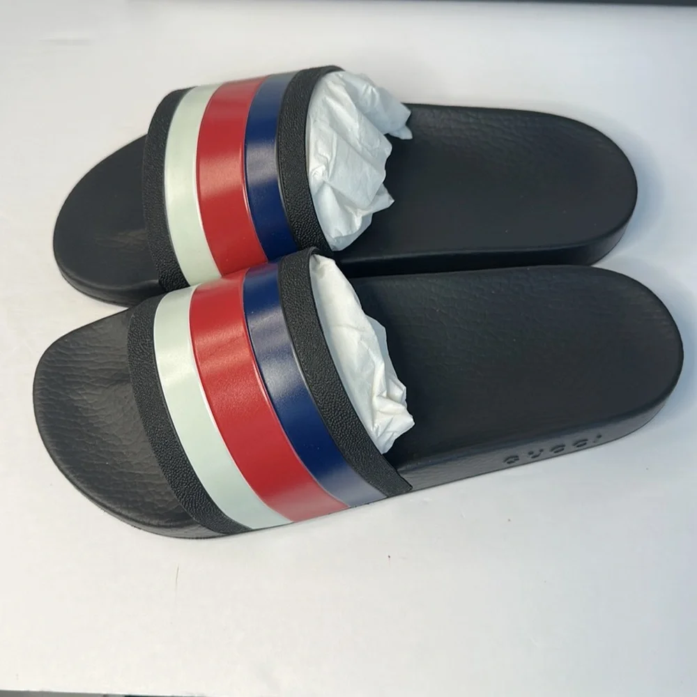 New 💯Authentic GUCCI WEB RUBBER SLIDE IN BLACK/Blue / Red &White Sandals